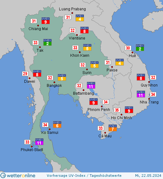 Thailand: UV-Index-Vorhersage für Dienstag, den 30.04.2024